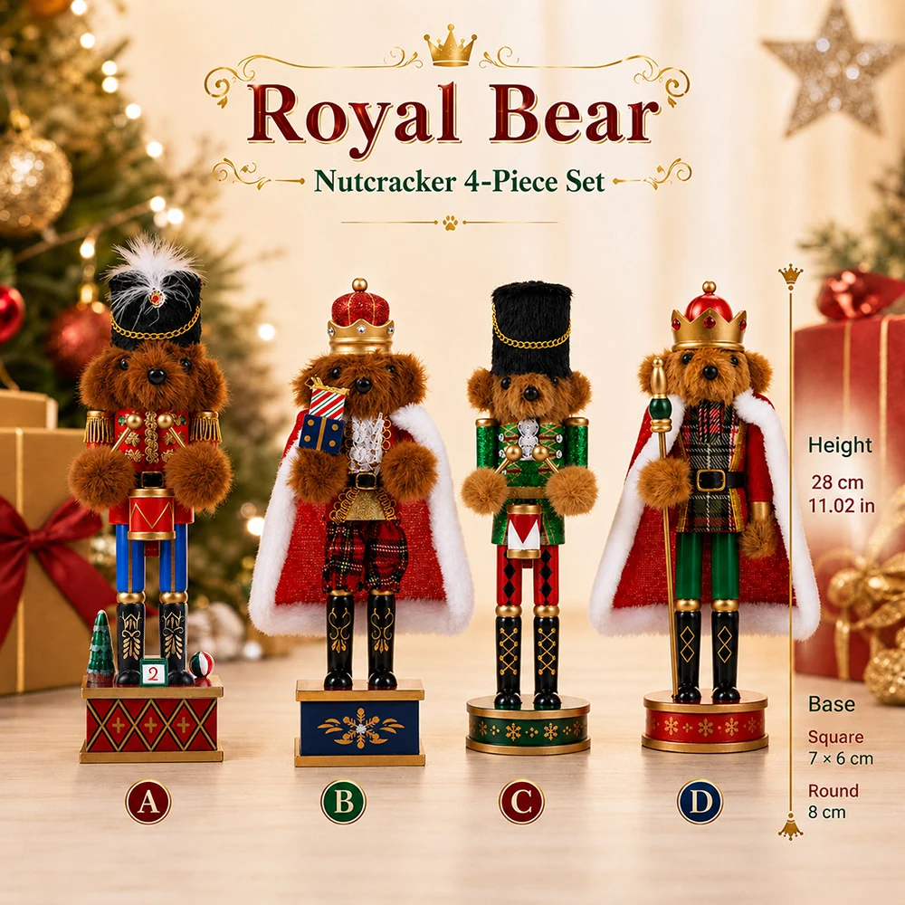 28CM Wooden Nutcracker Christmas Decor Hand Painted Royal Bear Nutcracker Figurine Ornament for Holiday Home Tabletop Xmas Gift - Image 2