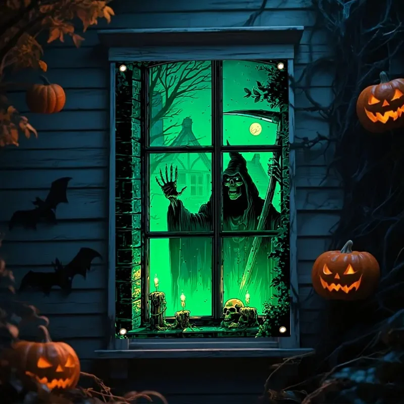 2D flat banner 1 piece 1 piece Halloween witch skull skull skull spider web web window display banner - Image 3