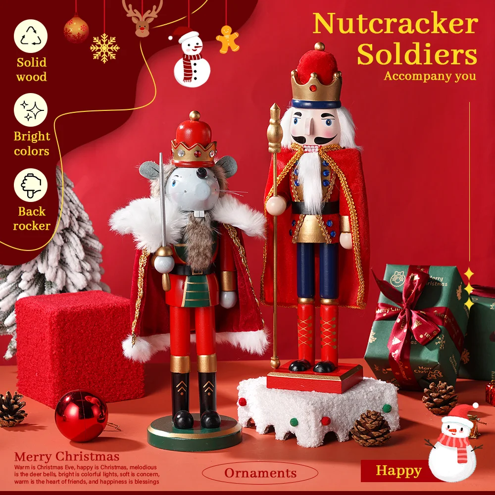 2PCS Christmas Nutcracker Wooden Ornament King & Cloak Mouse theme Figure Handcraft Home Office Desktop Xmas Decoration Gift