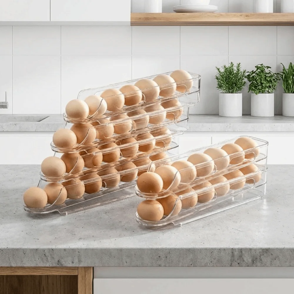 2PCS Plastic Automatic Slide Egg Storage Box Clear Large Capacity Egg Storage Box Stackable Space Saving Eggs Holder - Image 4