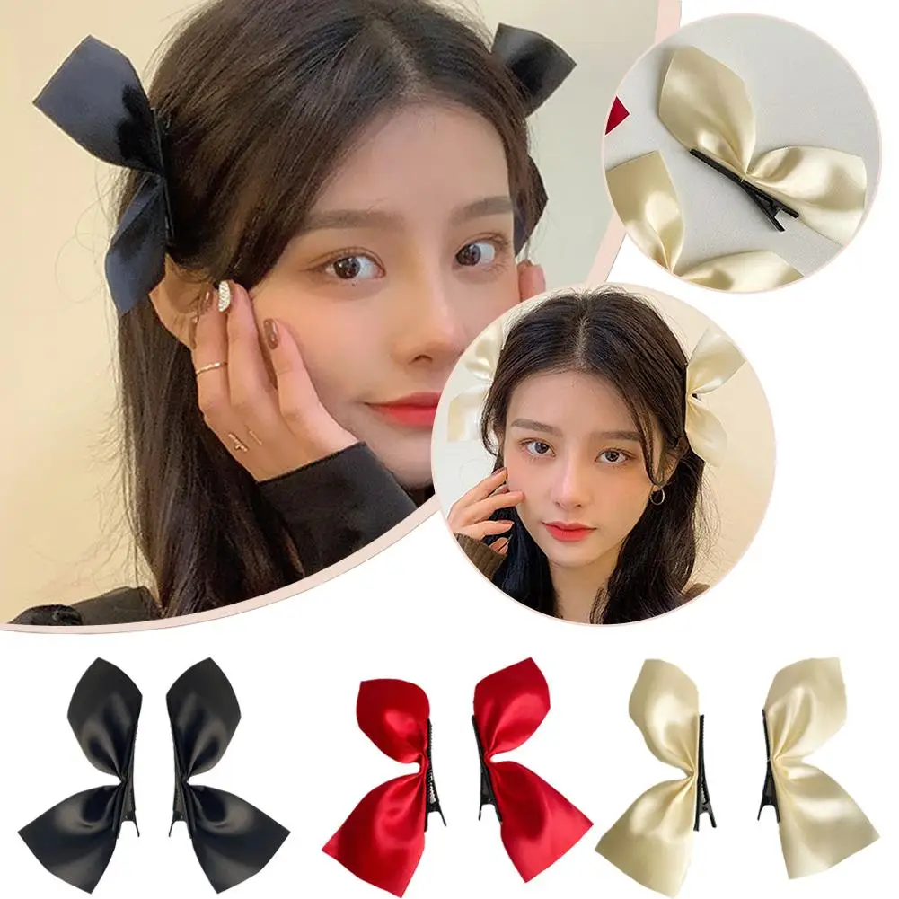 2PCS Sweet Bows Hairpins Solid Color Bowknot Hair Clips For Girls Satin Butterfly Barrettes Duckbill Clip Kids Hair Accessories - Image 2
