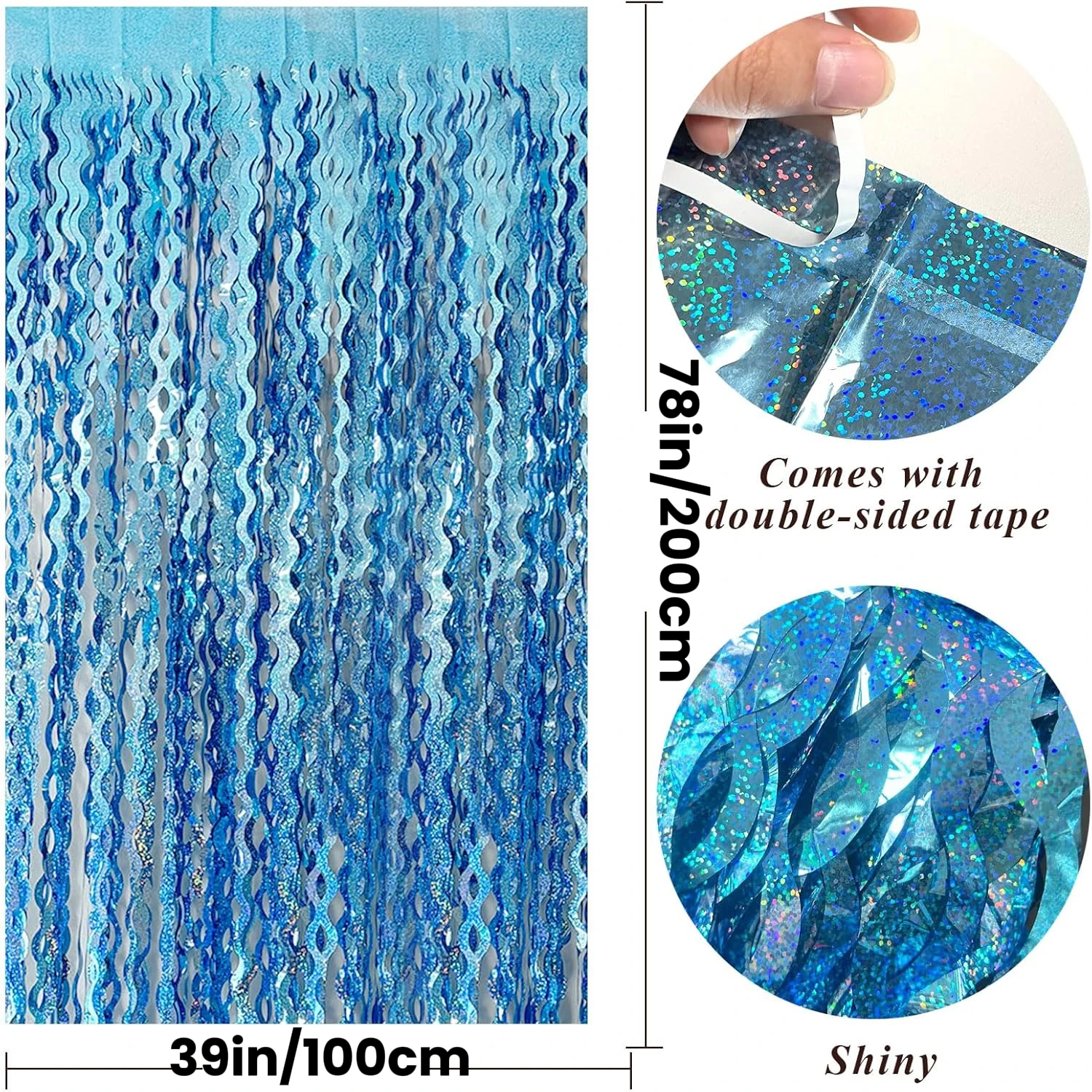 2Pcs Laser Shinny Wavy Light Blue Tinsel Foil Fringe Streamers Backdrop for Parties Sparkle Metallic Wavy Foil Fringe Backdrop - Image 2