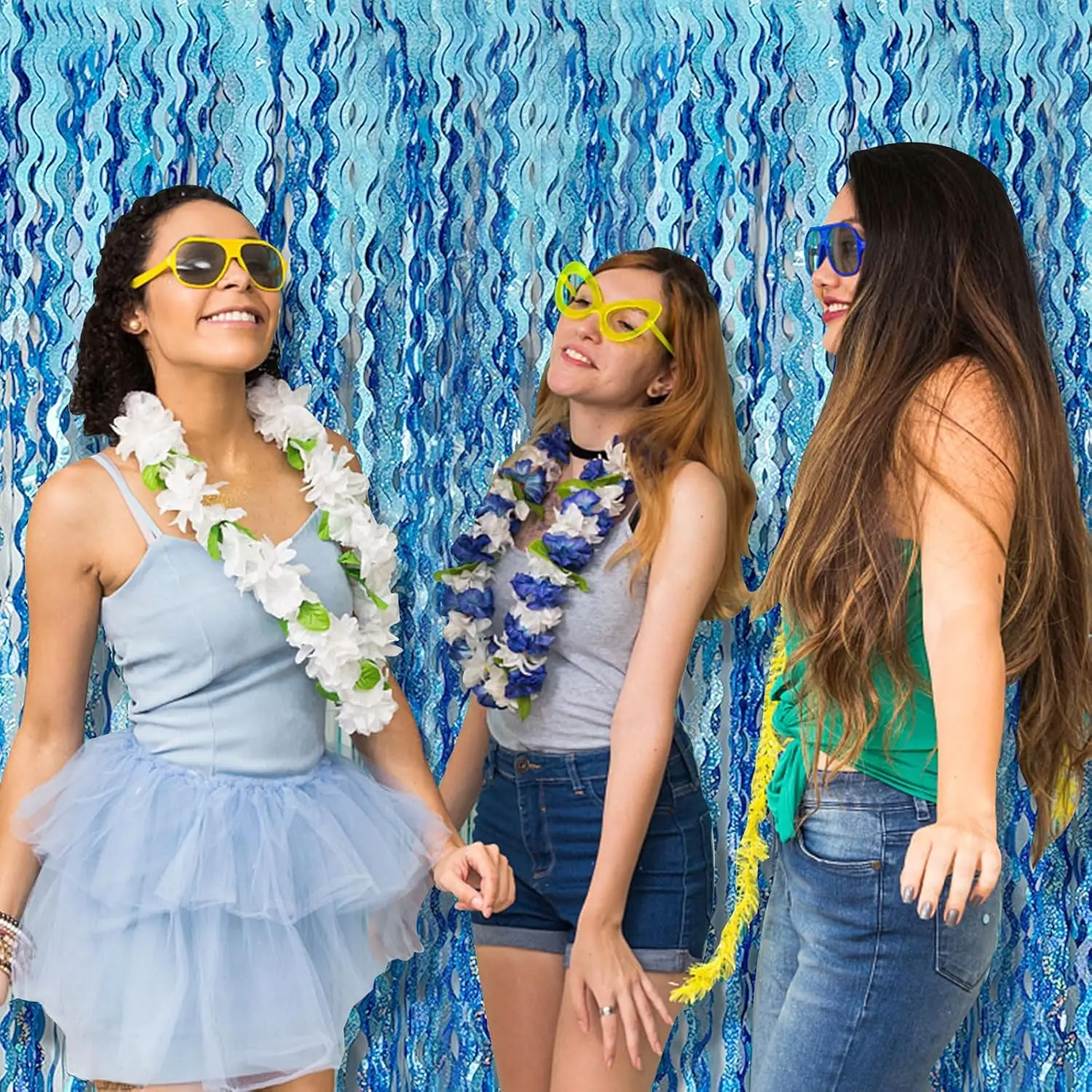 2Pcs Laser Shinny Wavy Light Blue Tinsel Foil Fringe Streamers Backdrop for Parties Sparkle Metallic Wavy Foil Fringe Backdrop - Image 5
