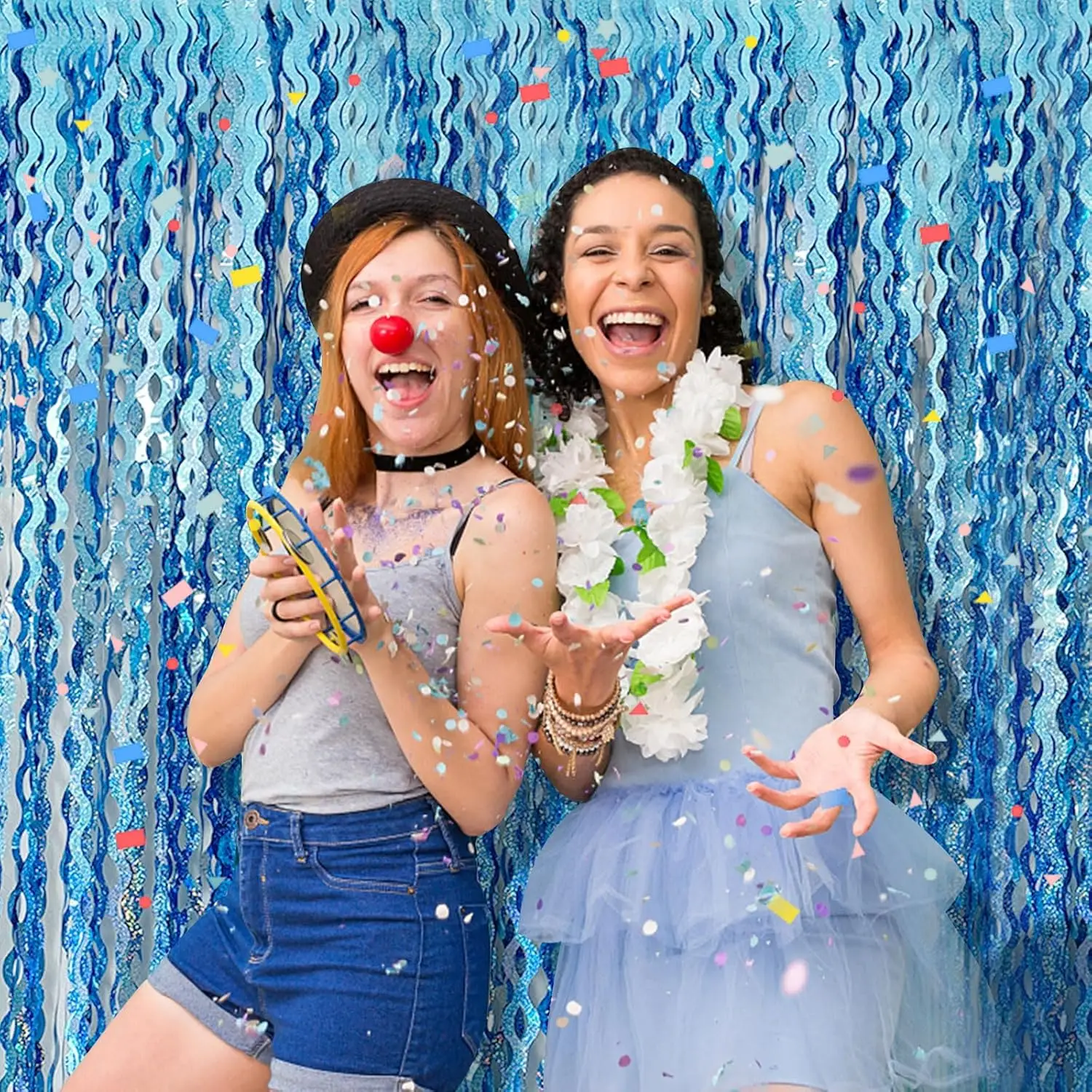 2Pcs Laser Shinny Wavy Light Blue Tinsel Foil Fringe Streamers Backdrop for Parties Sparkle Metallic Wavy Foil Fringe Backdrop - Image 3
