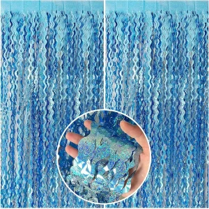 2Pcs Laser Shinny Wavy Light Blue Tinsel Foil Fringe Streamers Backdrop for Parties Sparkle Metallic Wavy Foil Fringe Backdrop