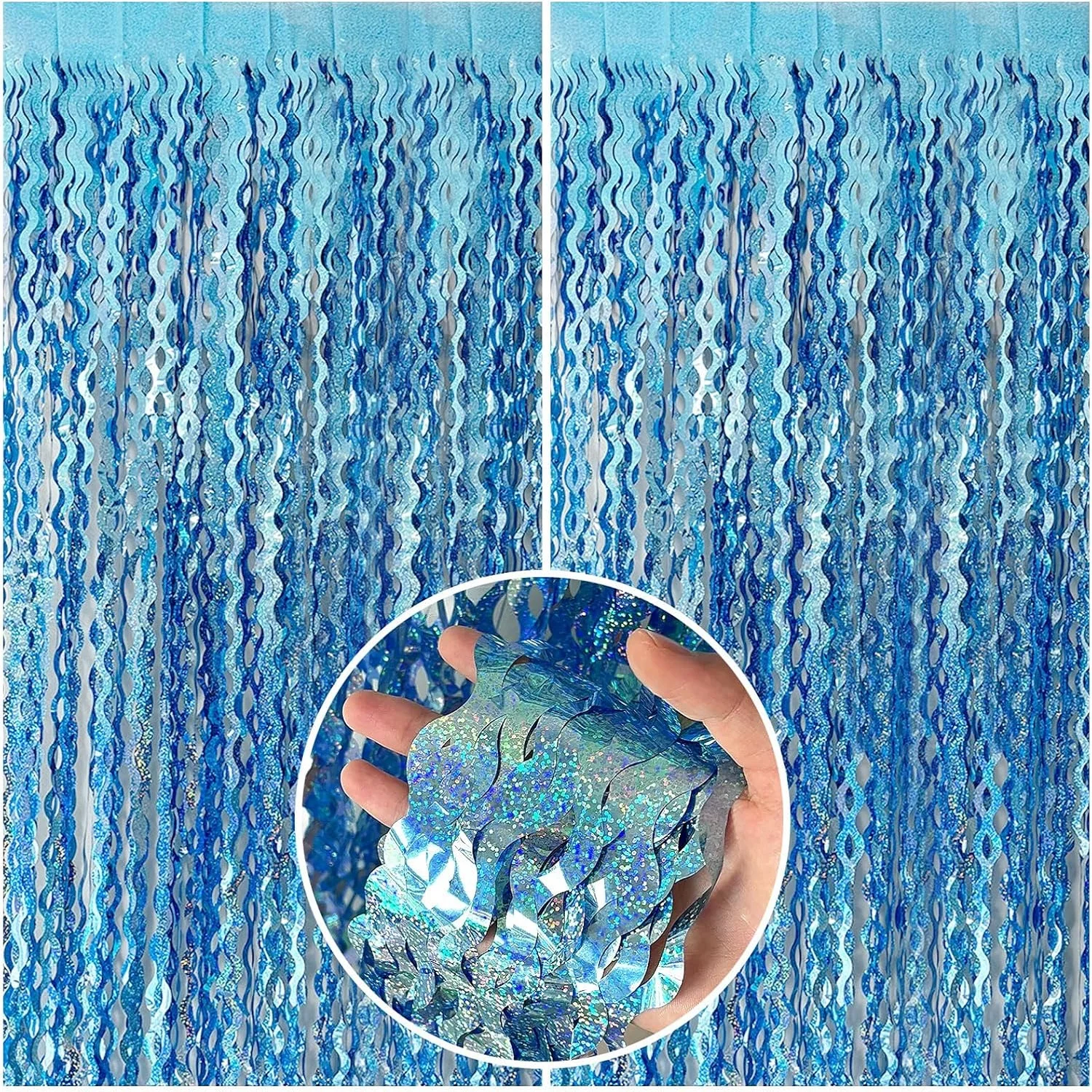 2Pcs Laser Shinny Wavy Light Blue Tinsel Foil Fringe Streamers Backdrop for Parties Sparkle Metallic Wavy Foil Fringe Backdrop