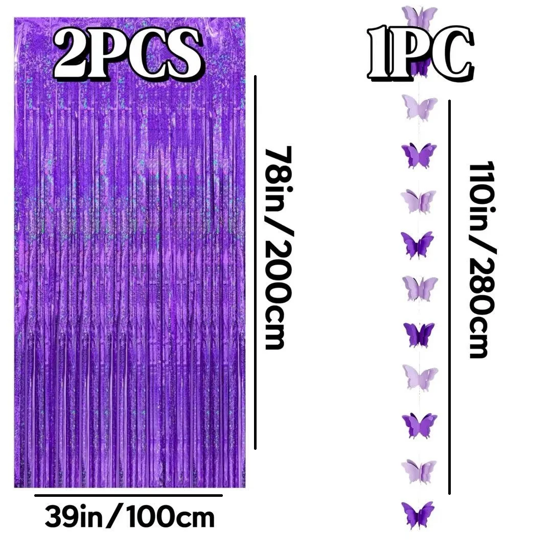 2Pcs Laser Sparkle Purple Metallic Tinsel Foil Fringe Streamers and 1Pc Purple Paper Butterfly Hanging Garlands - Image 2