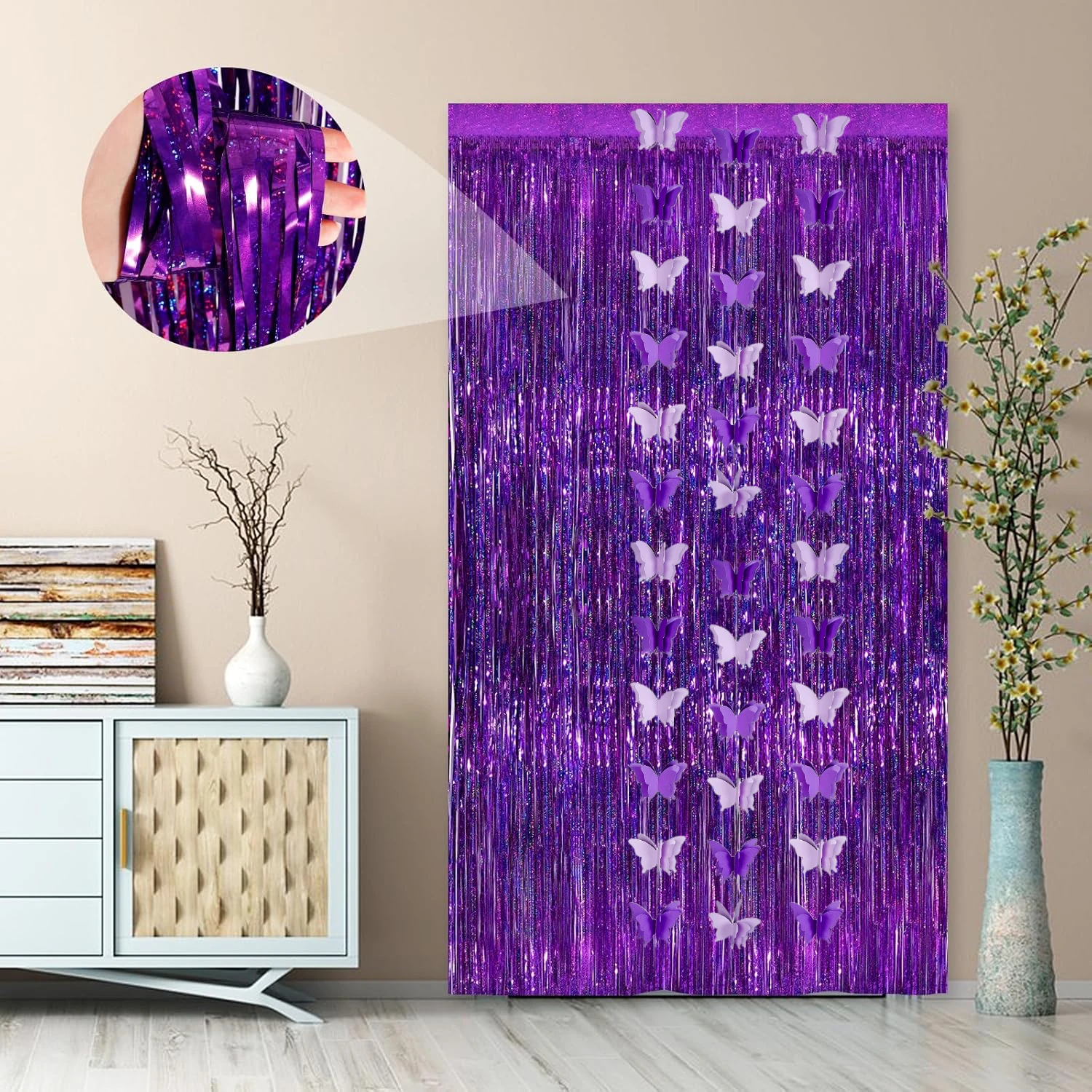 2Pcs Laser Sparkle Purple Metallic Tinsel Foil Fringe Streamers and 1Pc Purple Paper Butterfly Hanging Garlands - Image 4