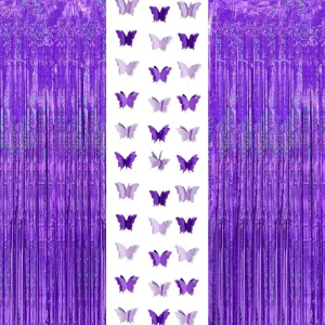 2Pcs Laser Sparkle Purple Metallic Tinsel Foil Fringe Streamers and 1Pc Purple Paper Butterfly Hanging Garlands