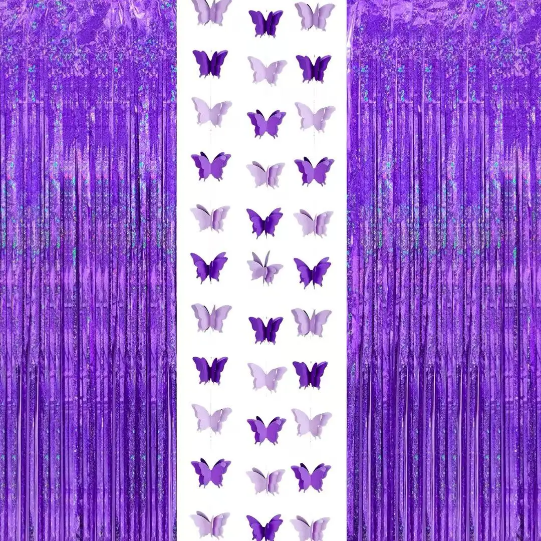 2Pcs Laser Sparkle Purple Metallic Tinsel Foil Fringe Streamers and 1Pc Purple Paper Butterfly Hanging Garlands