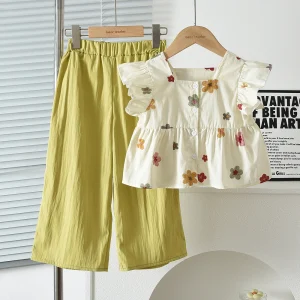 3-10 Year Old Girl and Teenager Suit with Flower Print Square Neck Fly Sleeve Top and Wide Leg Pants Two-piece Set for Summer