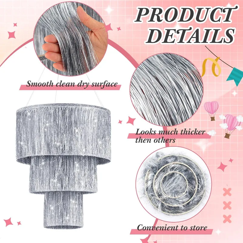 3-Tier Silver Foil Fringe Tinsel Chandelier Hanging Shimmering Decoration for Birthday Bachelorette Wedding New Year Decorations - Image 3