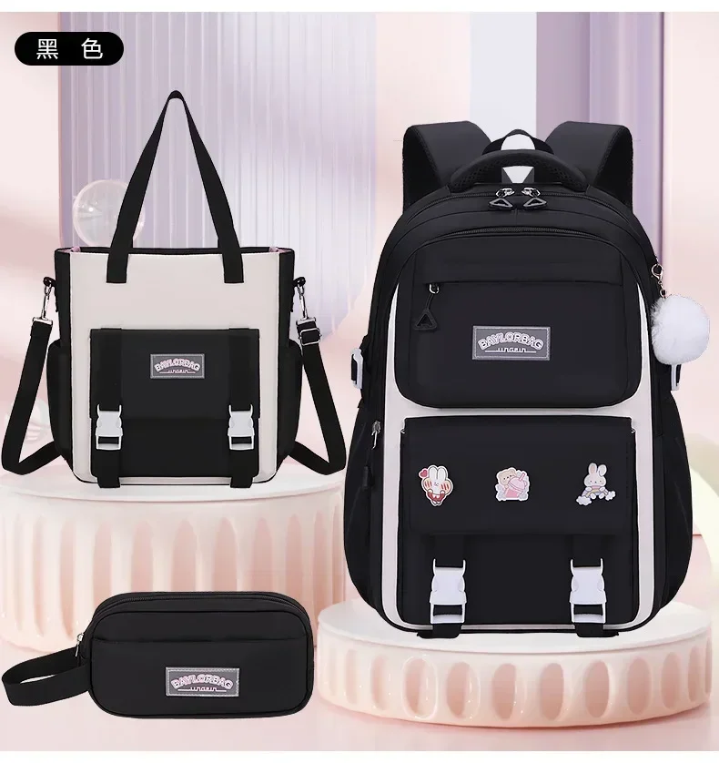 3-piece Set of Large Capacity Spine Protection Backpack Purple Pink with Hanging Accessories for Middle and High School Students - Image 3
