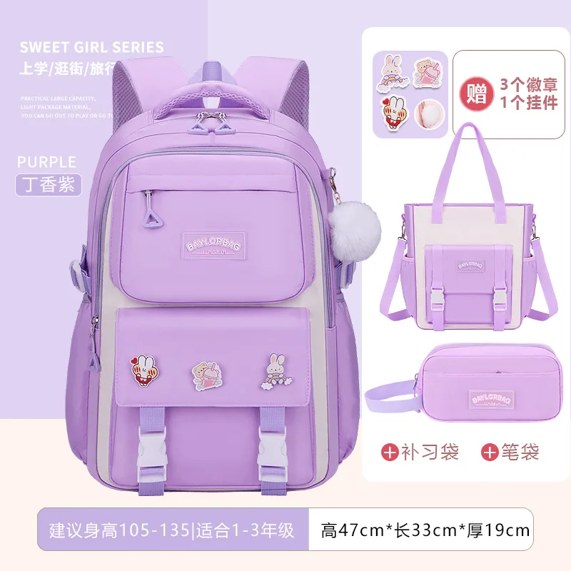3-piece Set of Large Capacity Spine Protection Backpack Purple Pink with Hanging Accessories for Middle and High School Students - Image 4