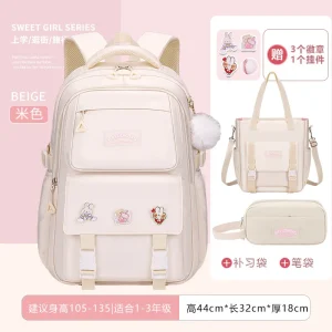 3-piece Set of Large Capacity Spine Protection Backpack Purple Pink with Hanging Accessories for Middle and High School Students