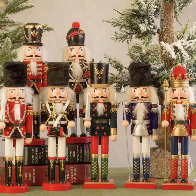30CM Wooden Nutcracker Soldier, One Piece, Classic Cartoon Christmas Ornament for Table Decor
