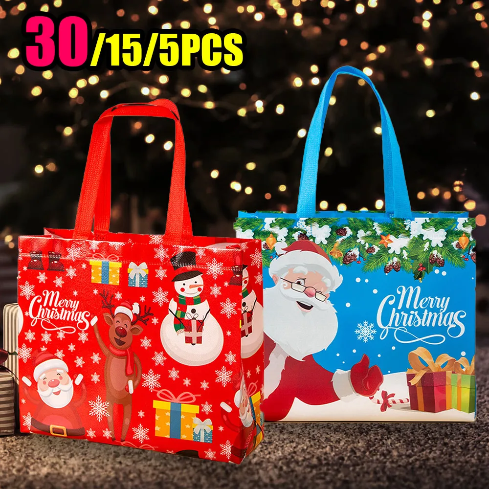 30PCS Santa Elk Snowflake Tote Bag Christmas Gift Bags Thickened non-woven printed waterproof bags Christmas Decoration Gifts