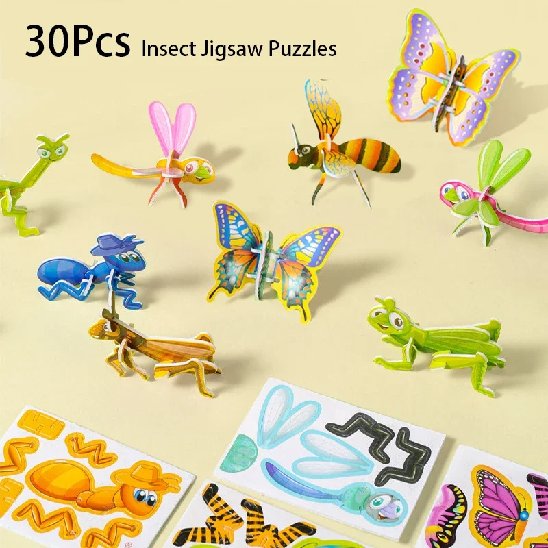 30Pcs Cartoon 3D Animal Insect Theme Paper Jigsaw Puzzles Toys for Kids Birthday Party Favors School Rewards Pinata Fillers
