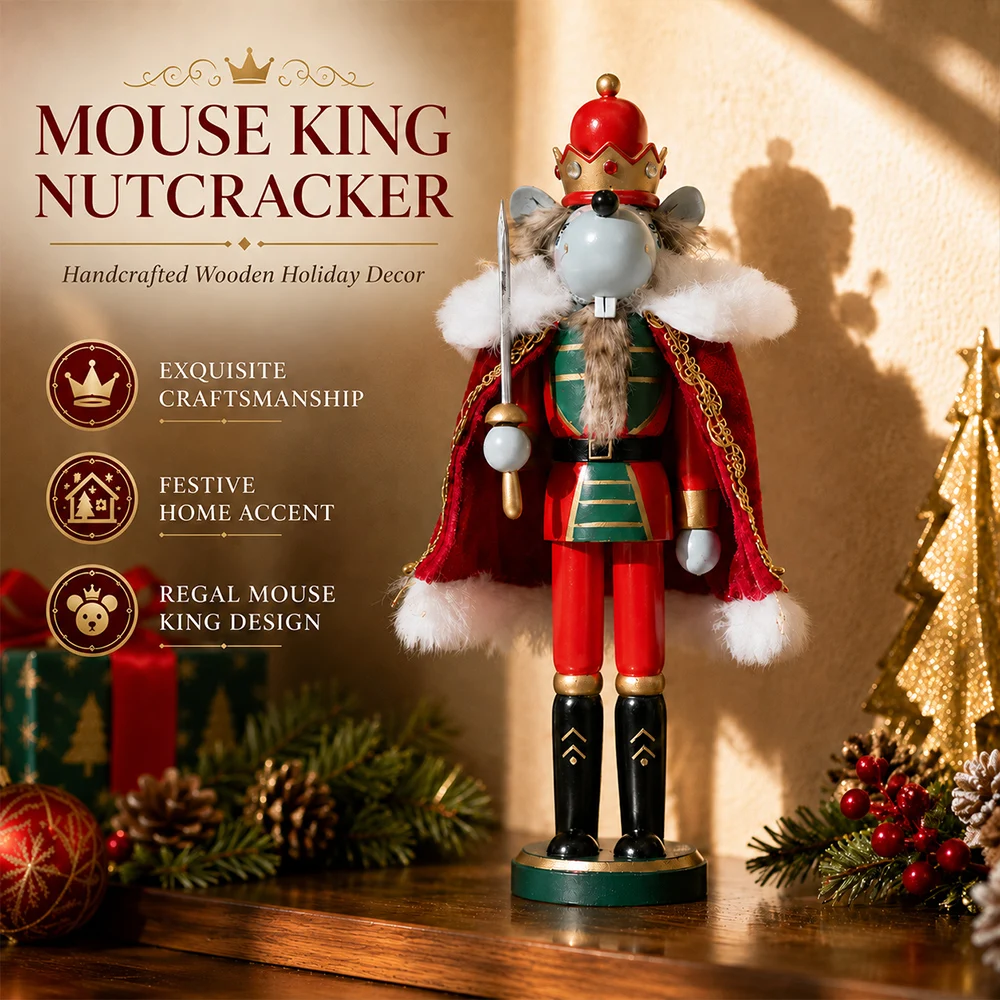 30cm Mouse King Nutcracker Wooden Christmas Ornament Cloak Crown Hand-Painted Soldier Decor for Home Xmas Holiday Gift Friends - Image 2