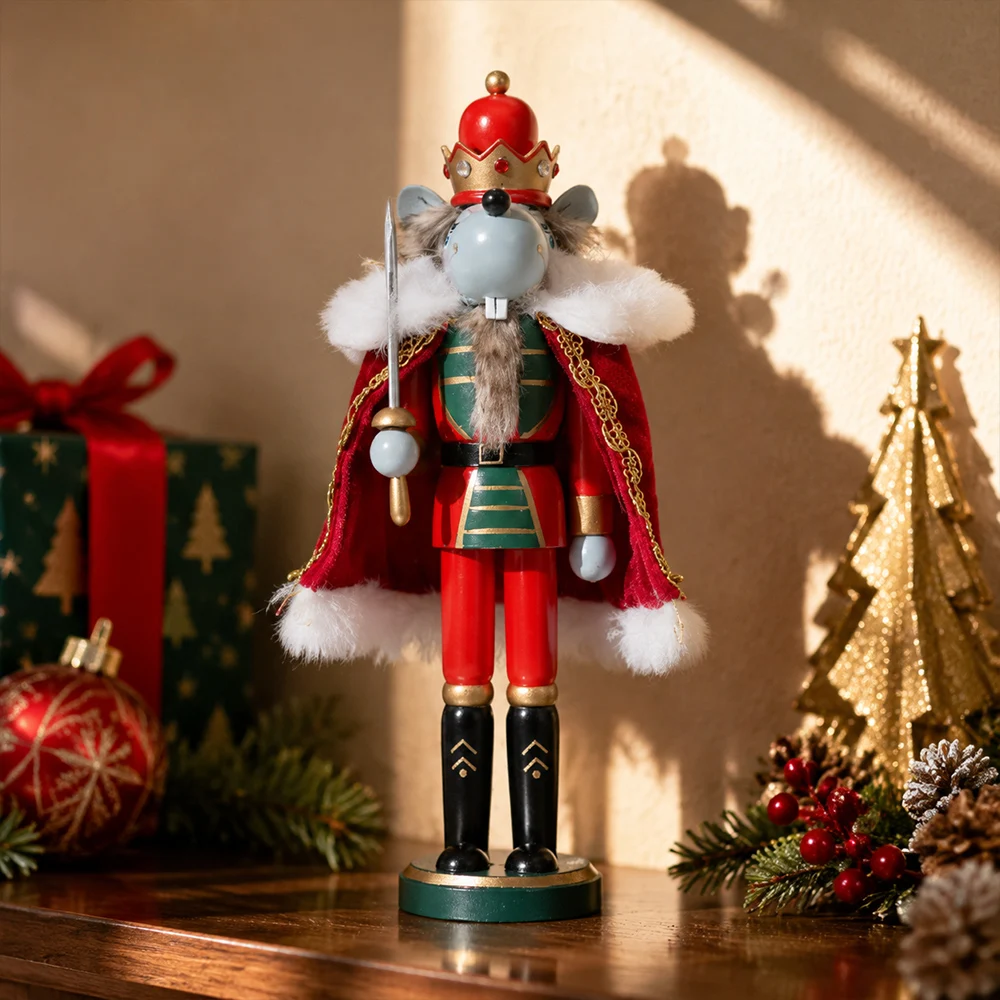 30cm Mouse King Nutcracker Wooden Christmas Ornament Cloak Crown Hand-Painted Soldier Decor for Home Xmas Holiday Gift Friends - Image 3