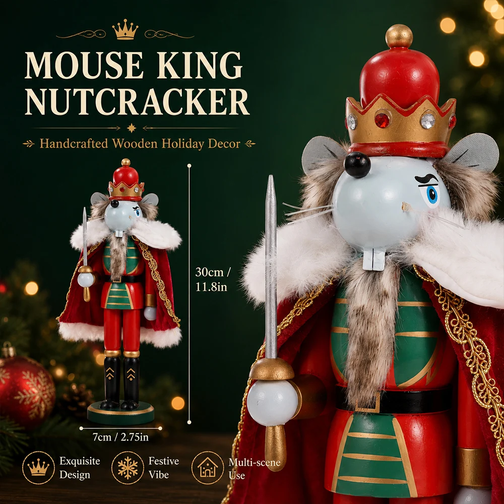 30cm Mouse King Nutcracker Wooden Christmas Ornament Cloak Crown Hand-Painted Soldier Decor for Home Xmas Holiday Gift Friends - Image 5