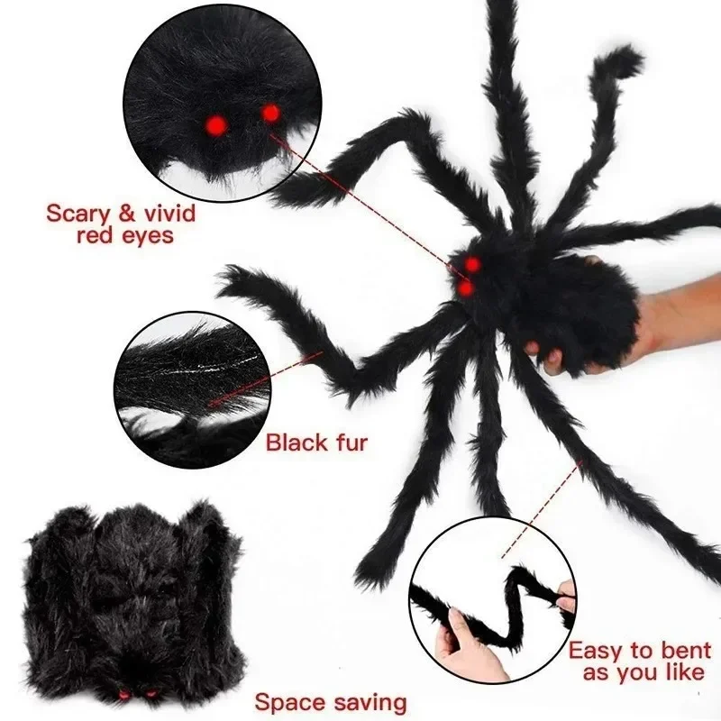 3/2/1pcs Halloween Decor Giant Black Plush Spider Halloween Party Bar Haunted House Horror Props Outdoor Scary Large Spiders - Image 4