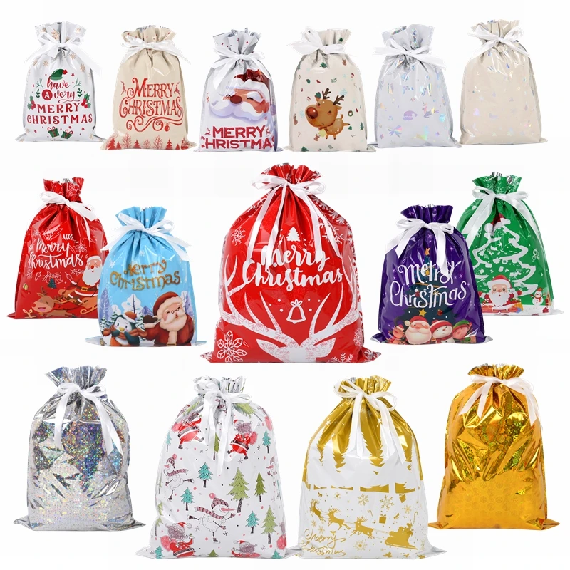 3/5pcs Merry Christmas Drawstring Gift Bags Gold Silver Red Santa Claus Cookies Candy Packaging Bag New Year Christmas Supplies