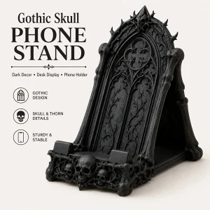 3D Printed Gothic Tracery Window Phone Stand, Dark Skull Ornament for Halloween, Desktop Holder for Phone & Tablet