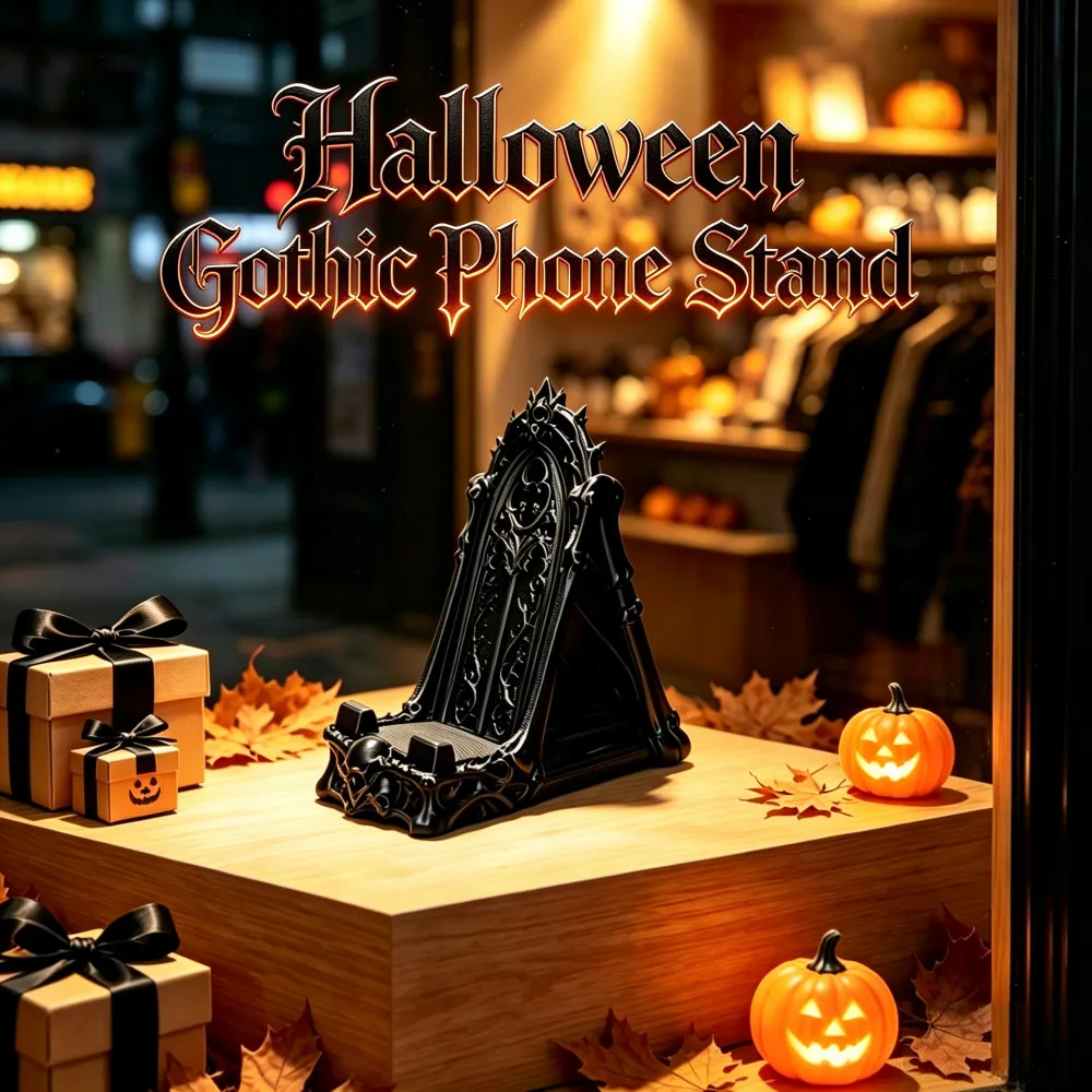 3D Printed Gothic Tracery Window Phone Stand, Dark Skull Ornament for Halloween, Desktop Holder for Phone & Tablet - Image 3
