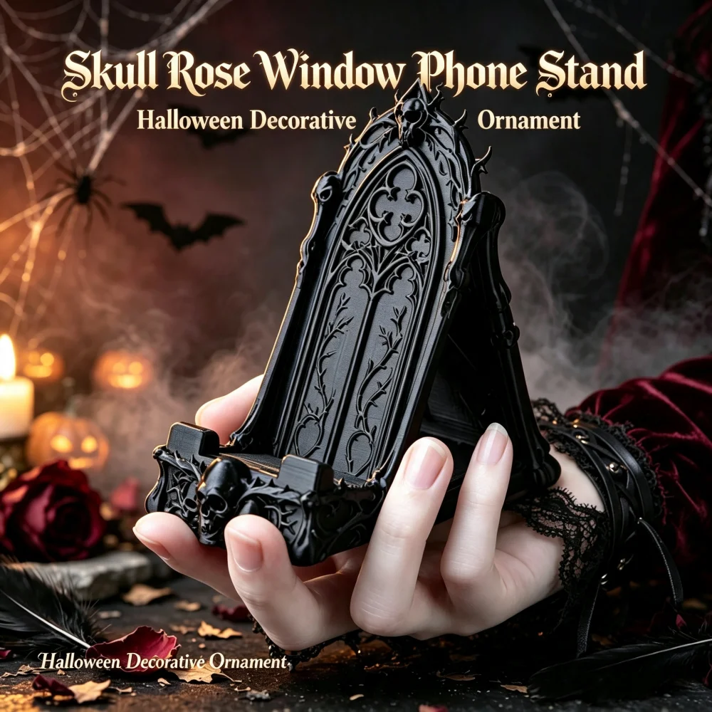 3D Printed Gothic Tracery Window Phone Stand, Dark Skull Ornament for Halloween, Desktop Holder for Phone & Tablet - Image 2