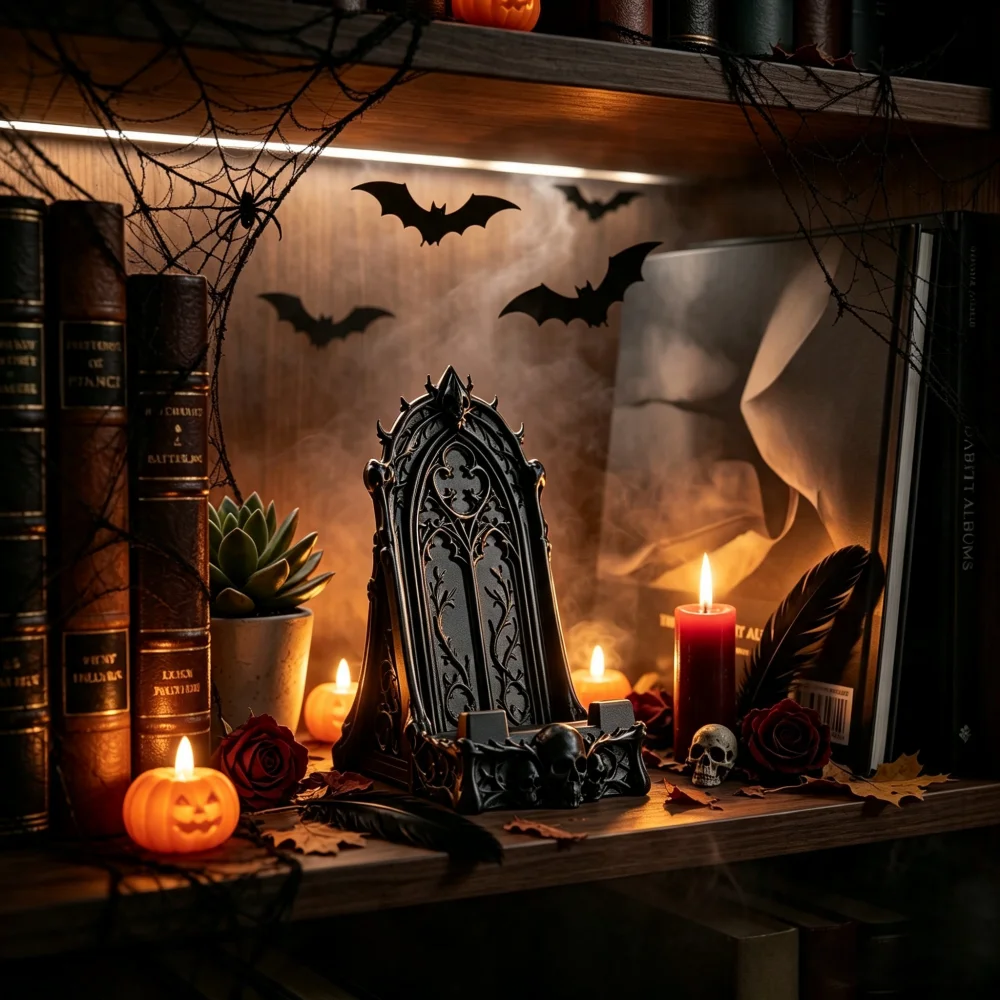 3D Printed Gothic Tracery Window Phone Stand, Dark Skull Ornament for Halloween, Desktop Holder for Phone & Tablet - Image 5