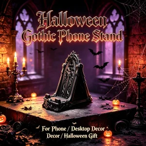 3D Printed Gothic Tracery Window Phone Stand, Dark Skull Ornament for Halloween, Desktop Holder for Phone & Tablet