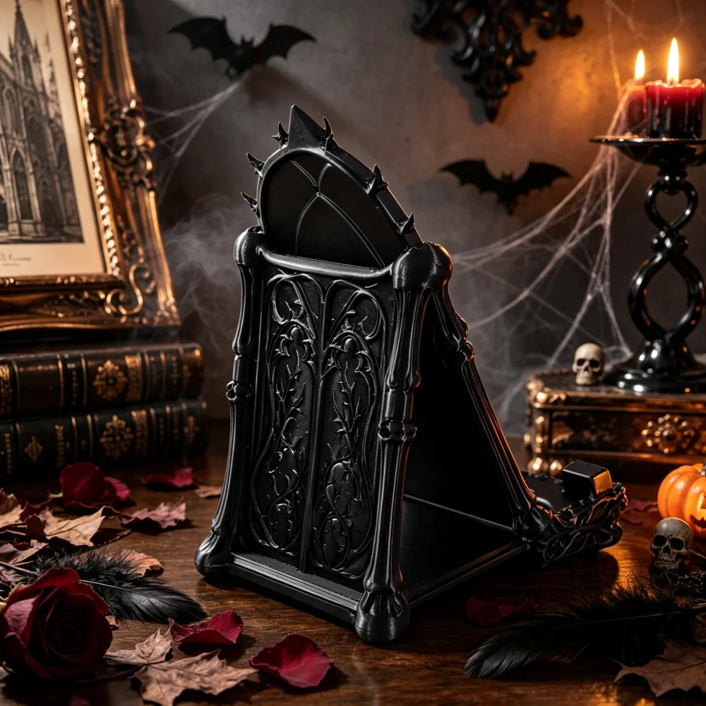 3D Printed Gothic Tracery Window Phone Stand, Dark Skull Ornament for Halloween, Desktop Holder for Phone & Tablet - Image 6