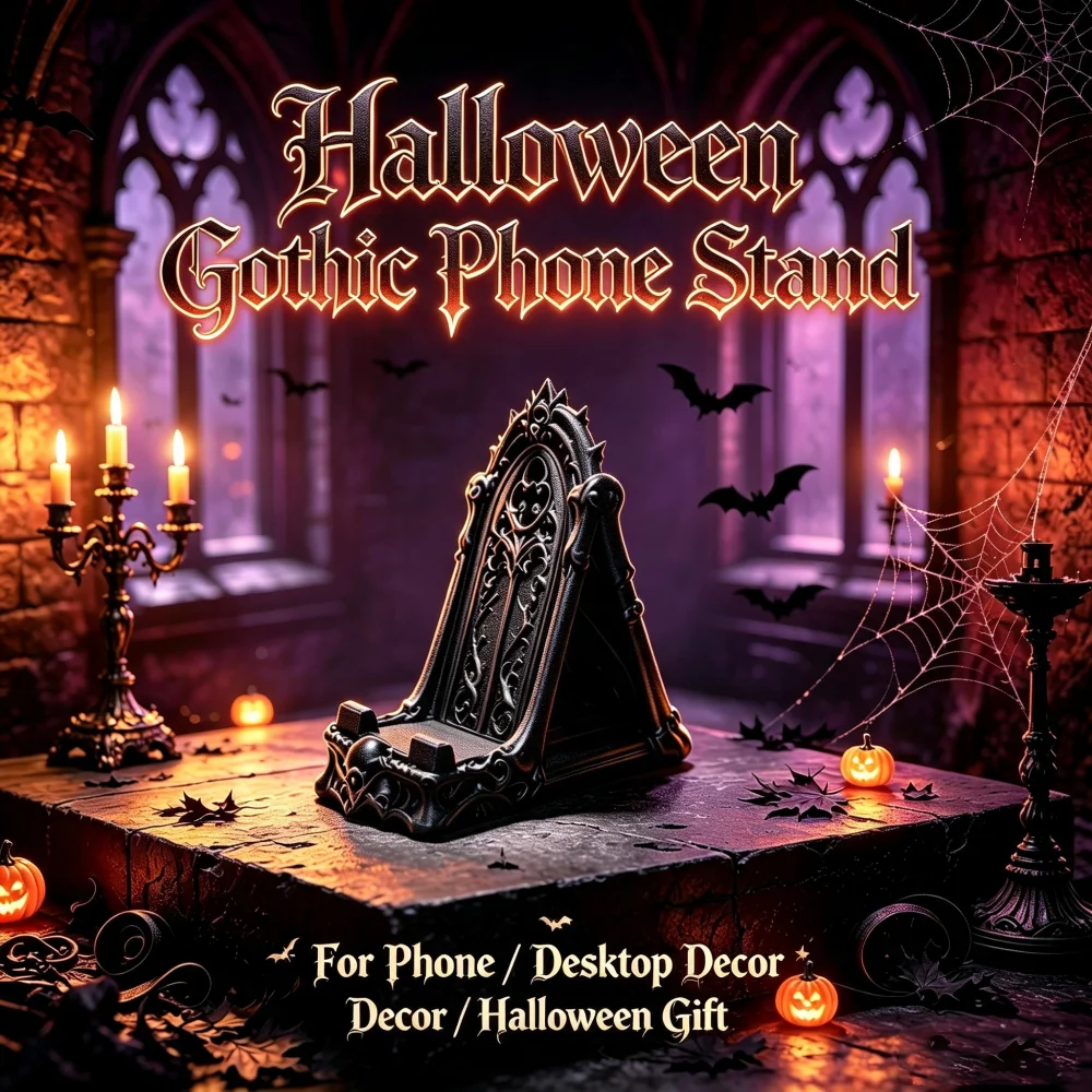 3D Printed Gothic Tracery Window Phone Stand, Dark Skull Ornament for Halloween, Desktop Holder for Phone & Tablet