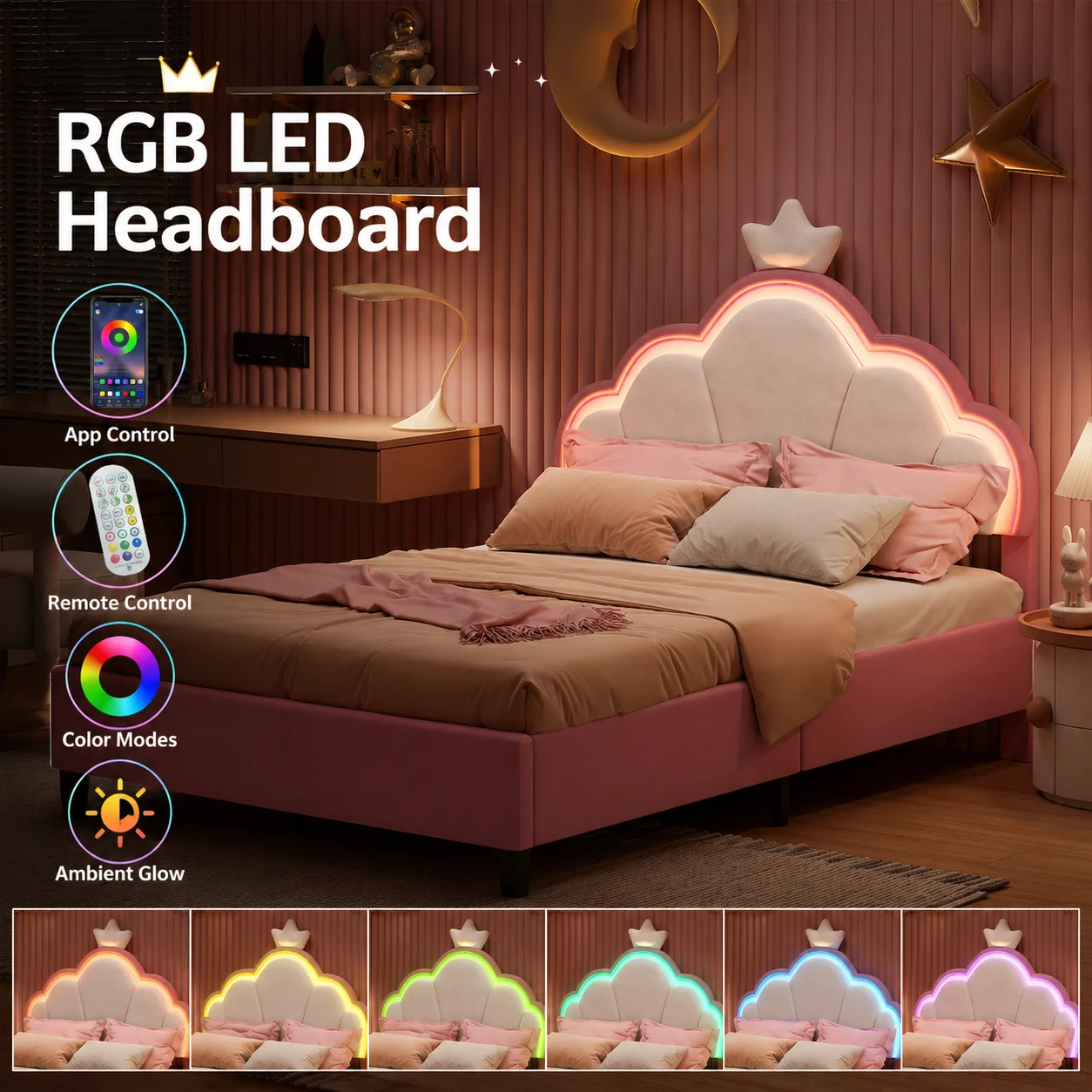 3FT Upholstered Bed, Girls Bed with Adjustable Crown Shape Headboard, Modern Bed Frame Suitable for Children, Sturdy Metal & Wood Slats, Flannel, White and Pink, 90x190cm, No Mattress - Image 2
