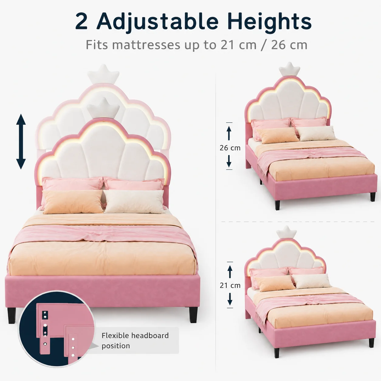 3FT Upholstered Bed, Girls Bed with Adjustable Crown Shape Headboard, Modern Bed Frame Suitable for Children, Sturdy Metal & Wood Slats, Flannel, White and Pink, 90x190cm, No Mattress - Image 4