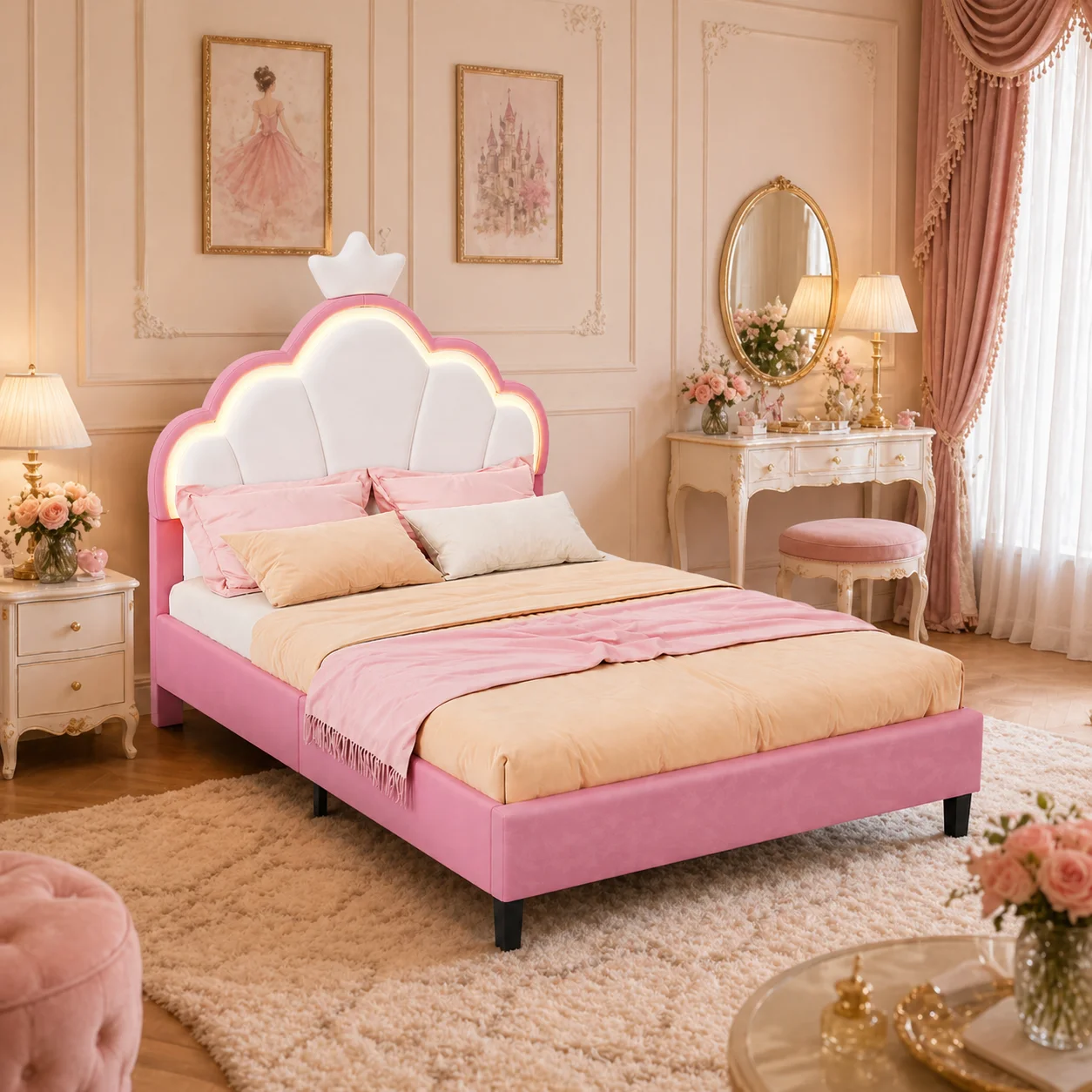 3FT Upholstered Bed, Girls Bed with Adjustable Crown Shape Headboard, Modern Bed Frame Suitable for Children, Sturdy Metal & Wood Slats, Flannel, White and Pink, 90x190cm, No Mattress - Image 7