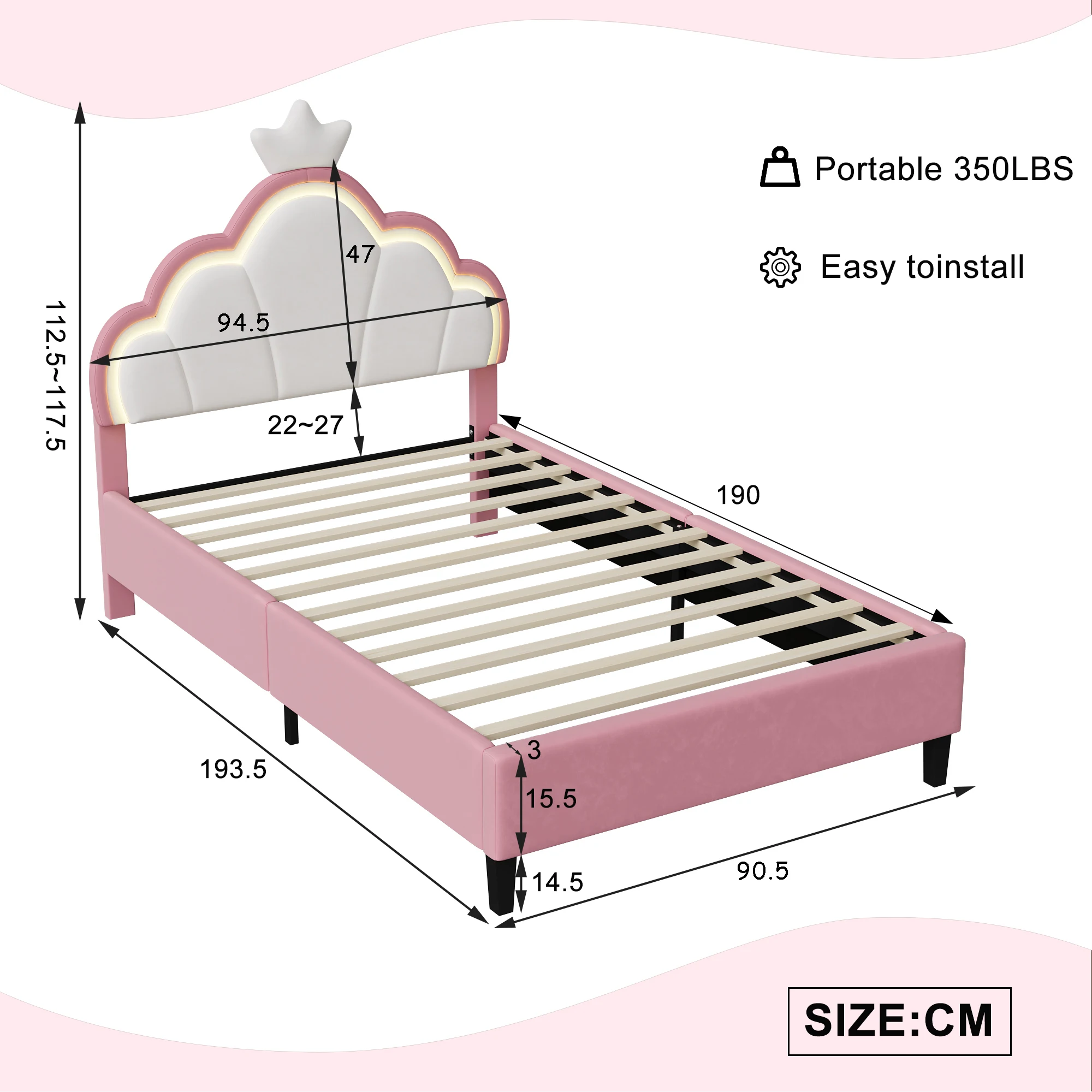 3FT Upholstered Bed, Girls Bed with Adjustable Crown Shape Headboard, Modern Bed Frame Suitable for Children, Sturdy Metal & Wood Slats, Flannel, White and Pink, 90x190cm, No Mattress - Image 3