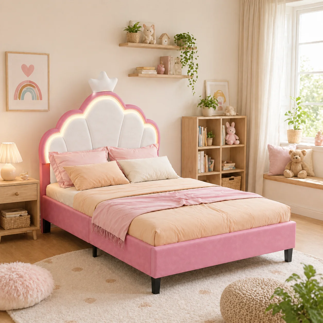 3FT Upholstered Bed, Girls Bed with Adjustable Crown Shape Headboard, Modern Bed Frame Suitable for Children, Sturdy Metal & Wood Slats, Flannel, White and Pink, 90x190cm, No Mattress - Image 8