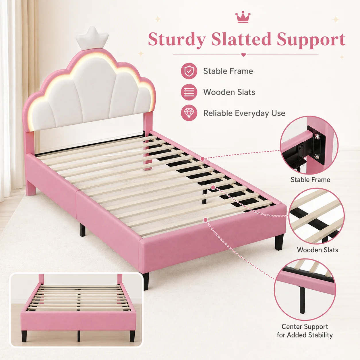 3FT Upholstered Bed, Girls Bed with Adjustable Crown Shape Headboard, Modern Bed Frame Suitable for Children, Sturdy Metal & Wood Slats, Flannel, White and Pink, 90x190cm, No Mattress - Image 5