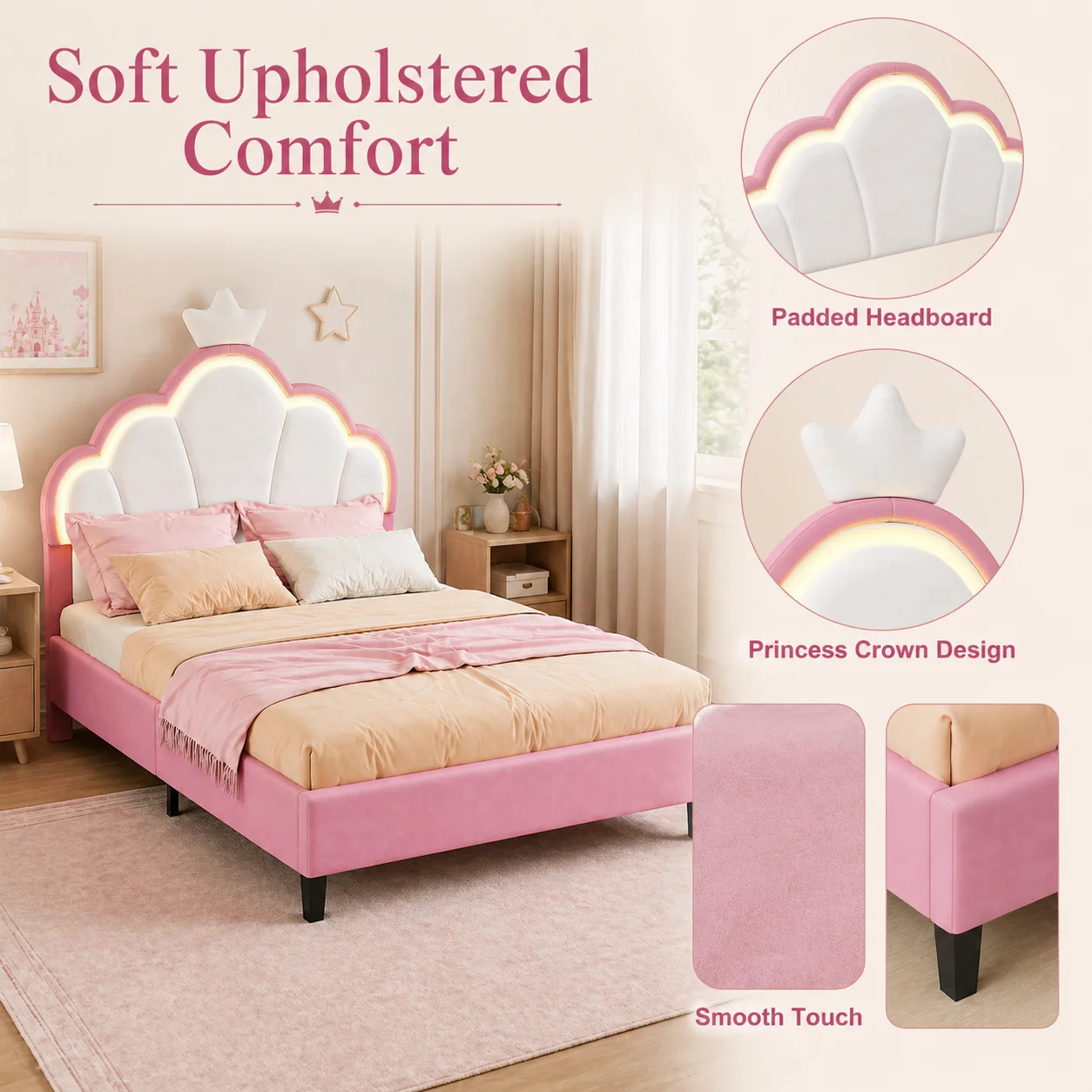 3FT Upholstered Bed, Girls Bed with Adjustable Crown Shape Headboard, Modern Bed Frame Suitable for Children, Sturdy Metal & Wood Slats, Flannel, White and Pink, 90x190cm, No Mattress - Image 6