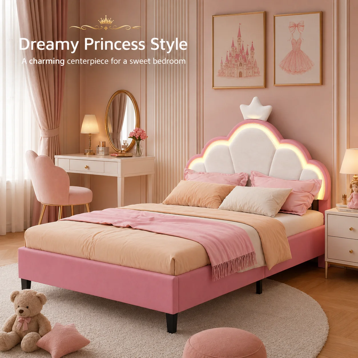 3FT Upholstered Bed, Girls Bed with Adjustable Crown Shape Headboard, Modern Bed Frame Suitable for Children, Sturdy Metal & Wood Slats, Flannel, White and Pink, 90x190cm, No Mattress