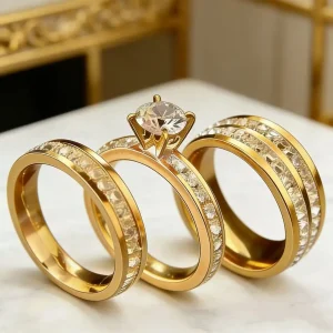 3PCS Set Gold Plated Zirconia (CZ) Wedding Engagement Band Stainless Steel Ring For Women Classic Jewelry Accessories Gift