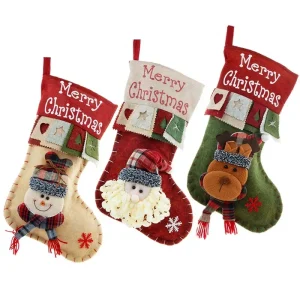 3Pcs Christmas Stockings Set Large Capacity Cute Stockings Bag Plush Santa Claus/Snowman/Bear/Elk for Xmas Tree Fireplace