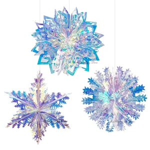 3Pcs Iridescent Snowflake Hanging Decoration Foil Ceiling Decorative Hanging Ornaments for Christmas Fairy Birthday Party Decor