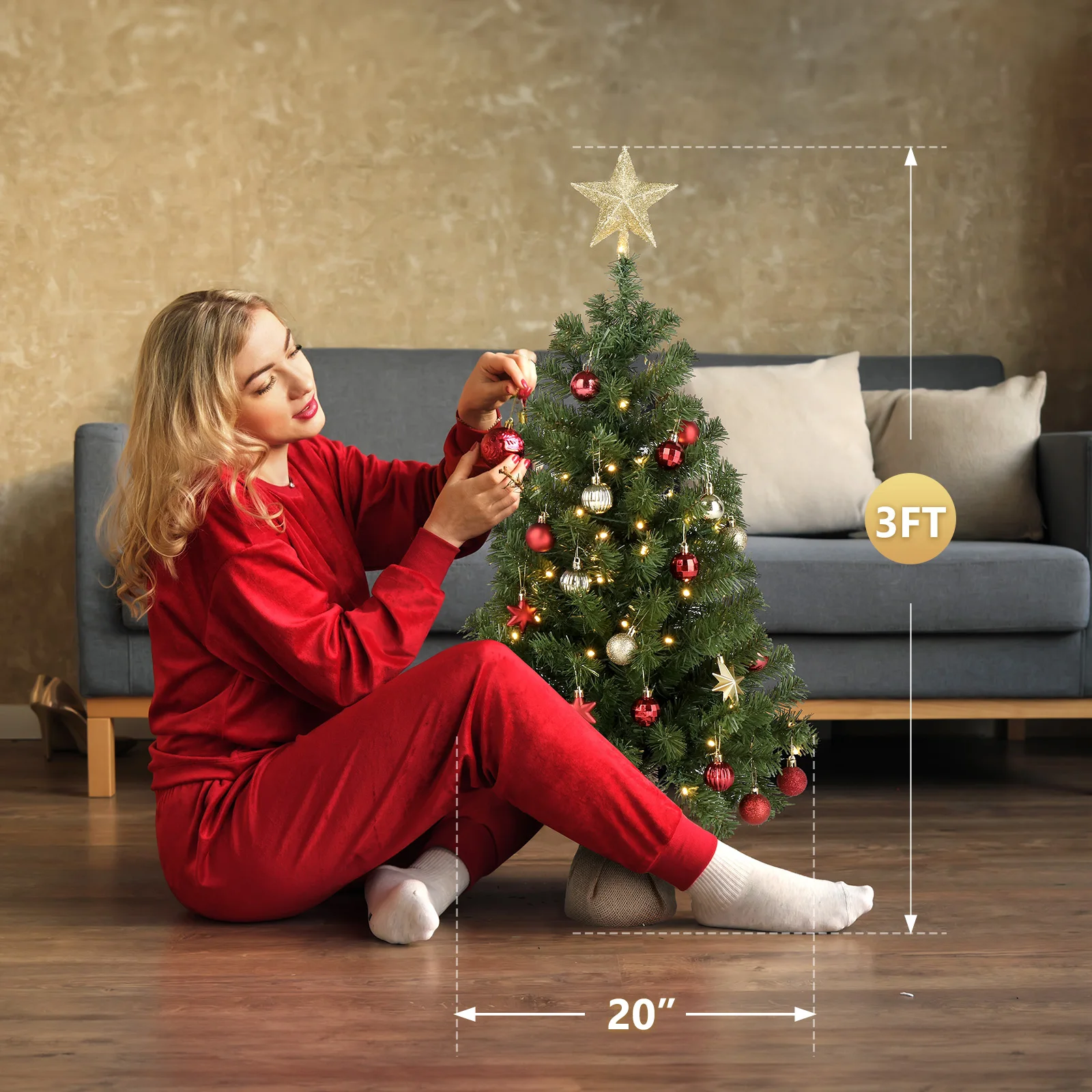 3ft Christmas Tree with 150 Branches – PVC, 100 Warm White LED Lights, 8 Modes, Battery Operated, Star Topper, Linen Base, for Home, Office, Party, Tabletop Decor – Easy Assembly, Durable, Fire-Resistant