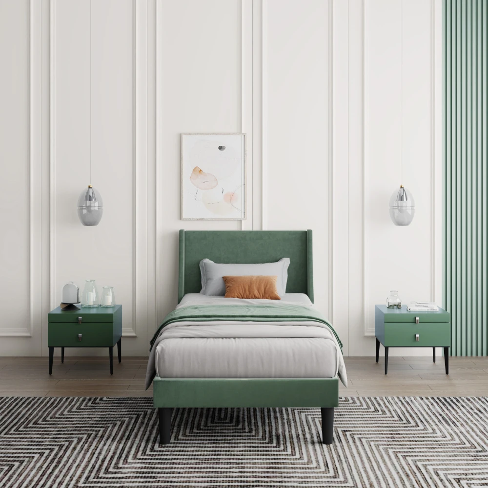 3ft Single Bed Frame Moss Green Velvet Wingback Headboard Wooden & Steel Reinforced Support 150KG Capacity Upholstered Bed Frame Mattress Excluded - Image 3