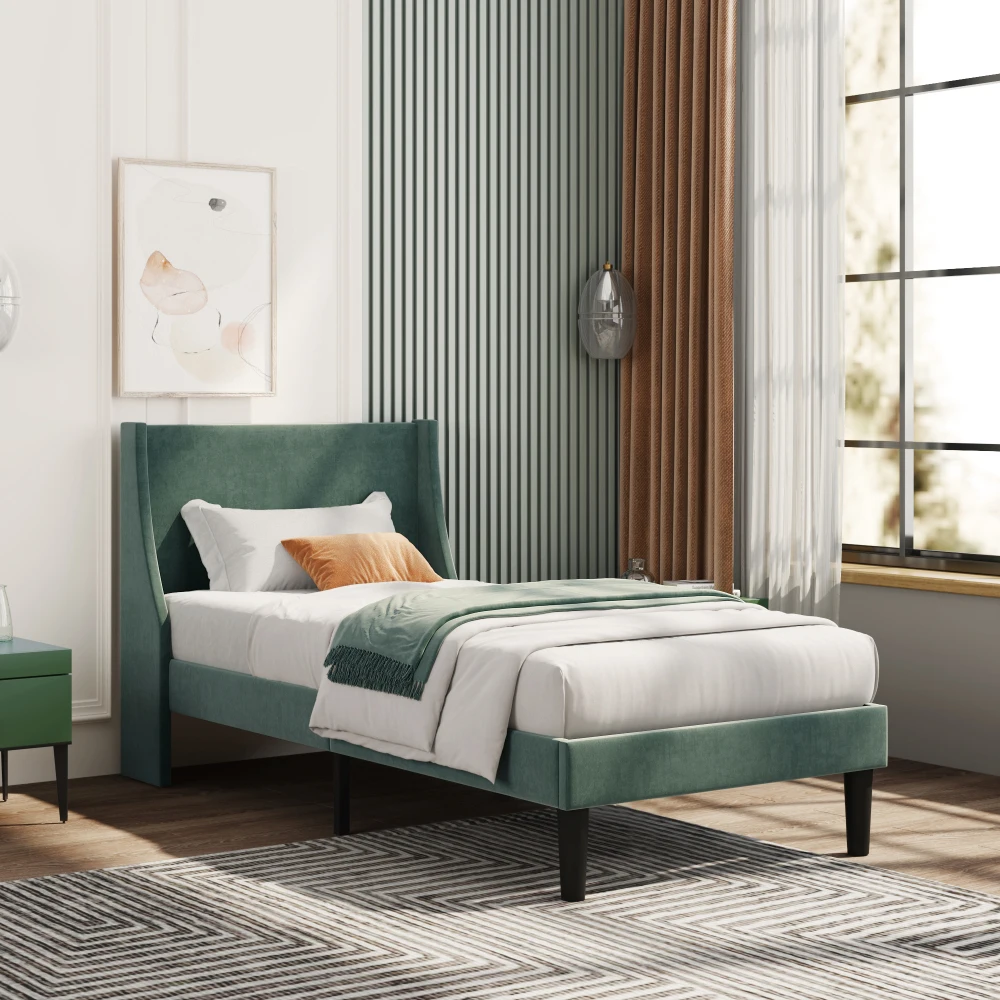3ft Single Bed Frame Moss Green Velvet Wingback Headboard Wooden & Steel Reinforced Support 150KG Capacity Upholstered Bed Frame Mattress Excluded - Image 4