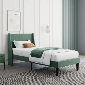 3ft Single Bed Frame Moss Green Velvet Wingback Headboard Wooden & Steel Reinforced Support 150KG Capacity Upholstered Bed Frame Mattress Excluded