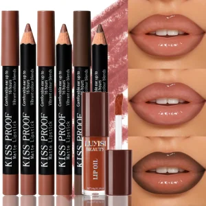 3pcs Nude&Brown Lipstick+1pc Moisturizing Lip Oil,Long-Lasting Waterproof Lipstick, Matte Finish,Mix And Match As Desired.